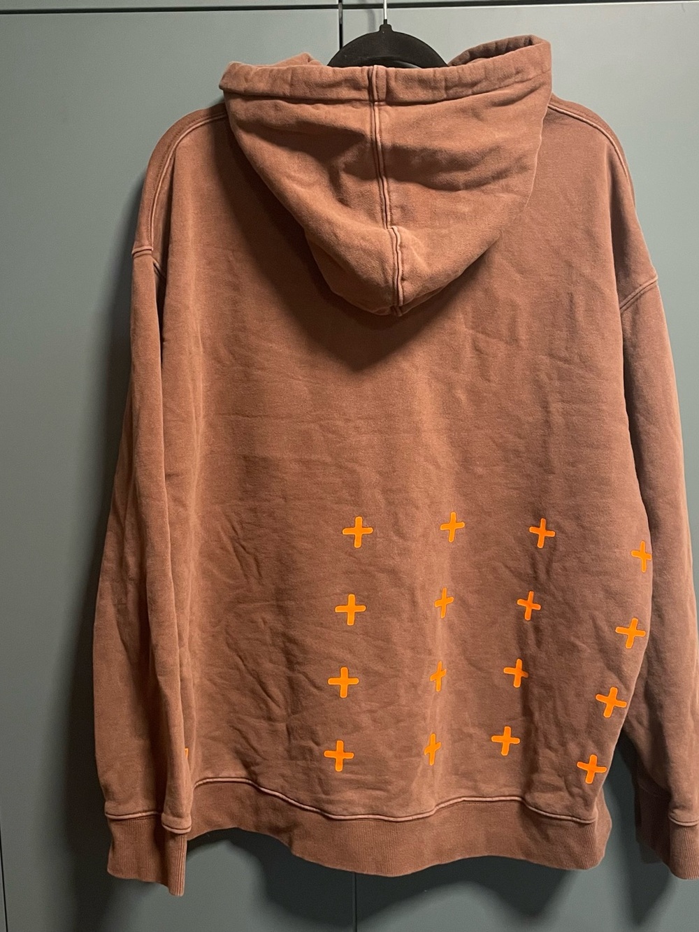 Ksubi Men's Rust Brown Crewneck Hoodie with Orange Cross Details